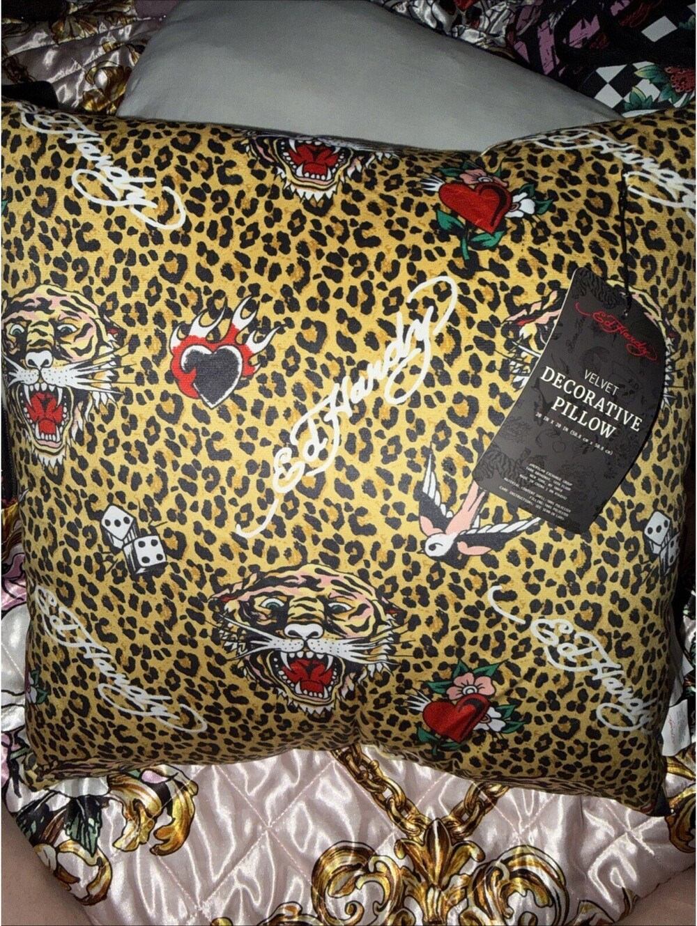 Ed Hardy Y2K Leopard Print Decorative Pillow Tattoo Icons Tiger Hearts Dice~NWT